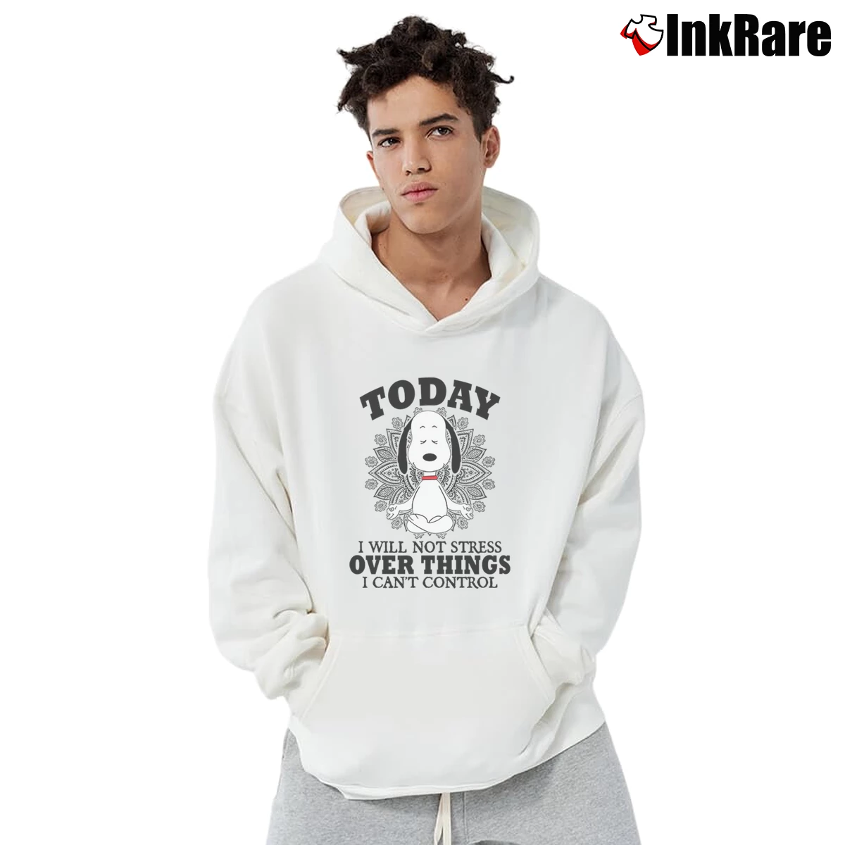 Snoopy Yoga Today I Will Not Stress Men’s Pullover Hoodie in white – Ultimate Warmth Men’s Snoopy Yoga Today I Will Not Stress Pullover Hoodie in white | Cozy, Durable, Modern Fit