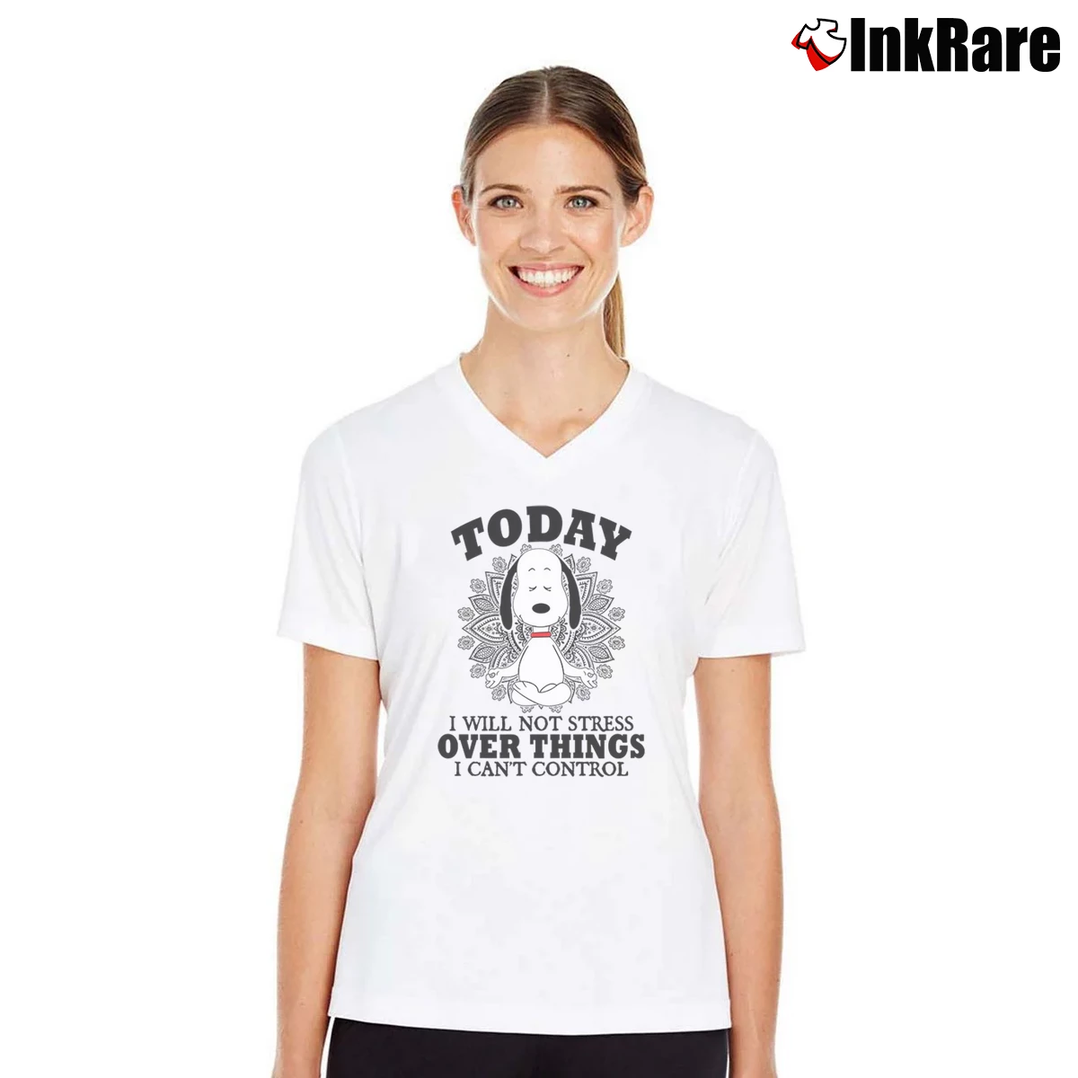 Snoopy Yoga Today I Will Not Stress Women’s V-Neck Tee in white – Flattering Fit Women’s Snoopy Yoga Today I Will Not Stress V-Neck Tee in white | Chic Neckline, Soft Texture