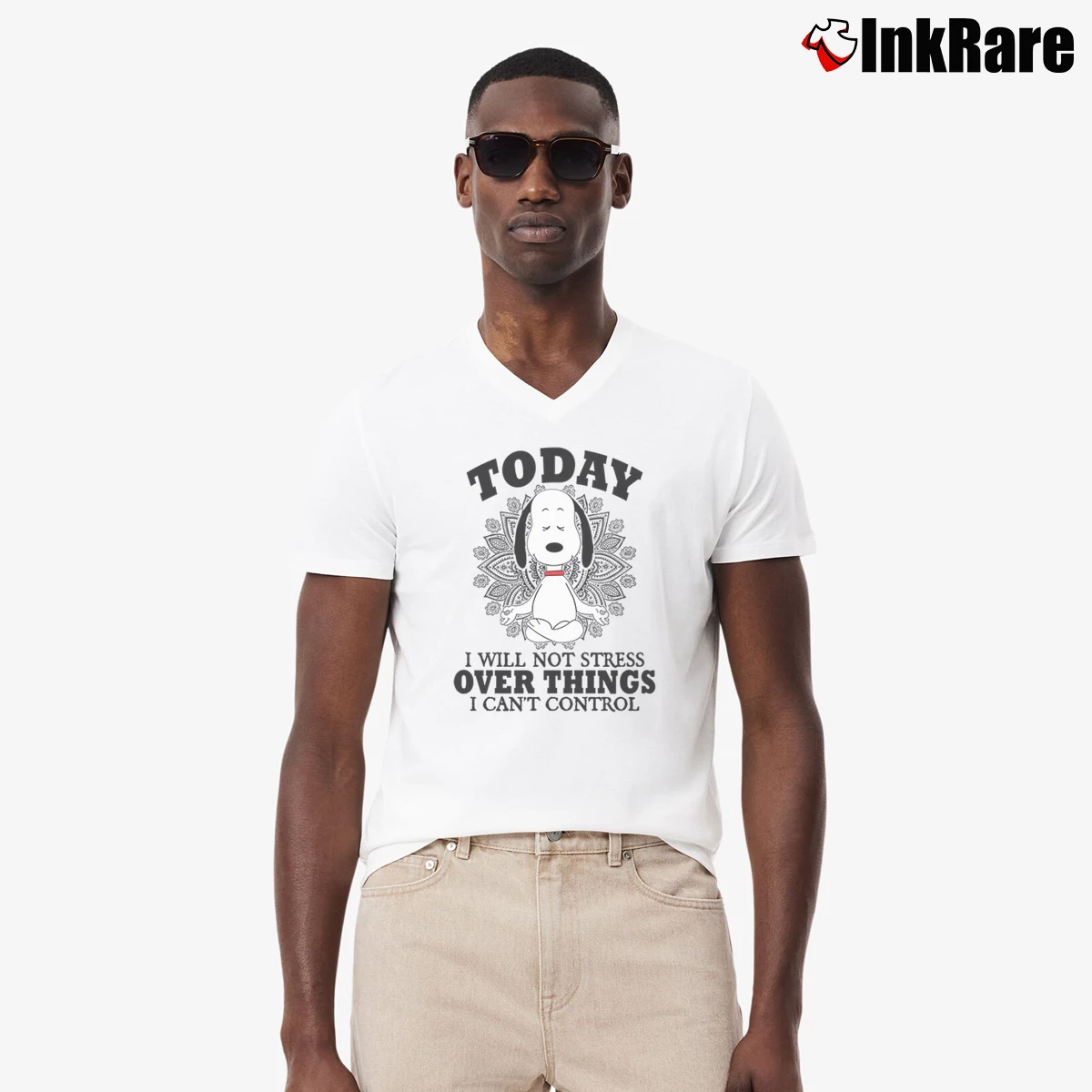 Snoopy Yoga Today I Will Not Stress Men’s V-Neck Tee in white – Modern Essential Men’s Snoopy Yoga Today I Will Not Stress V-Neck Tee in white | Sharp, Breathable, Everyday Staple