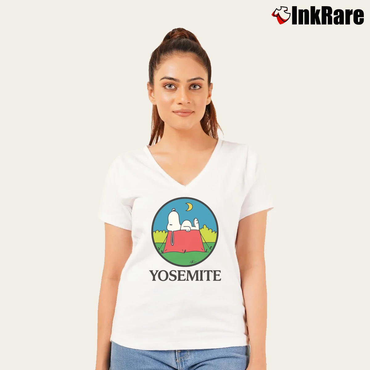 Snoopy Yosemite Women’s V-Neck Tee in white – Flattering Fit Women’s Snoopy Yosemite V-Neck Tee in white | Chic Neckline, Soft Texture
