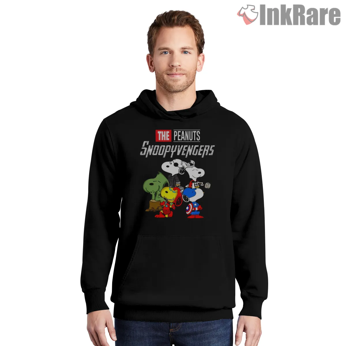 Snoopyvengers Peanuts Heroes Marvel Parody Shirt on black hoodie for men graphic tee