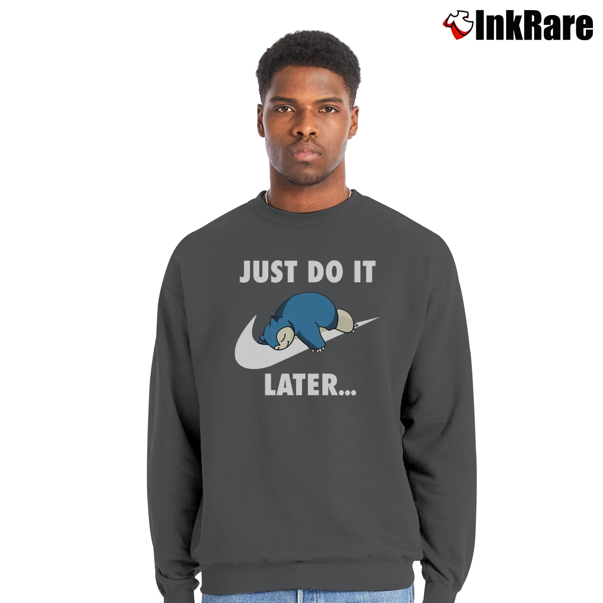 Snorlax Just Do It Pokemon Lazy Graphic Men’s Crewneck Sweatshirt in charcoal – Soft & Durable Men’s Snorlax Just Do It Pokemon Lazy Graphic Crewneck Sweatshirt in charcoal | Cozy Fabric, Clean Style