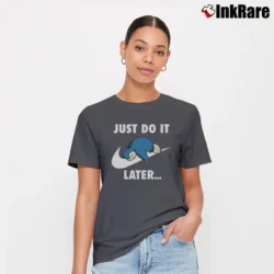 Women’s Snorlax Just Do It Pokemon Lazy Graphic Signature T-Shirt in charcoal | Soft, Flattering Fit
