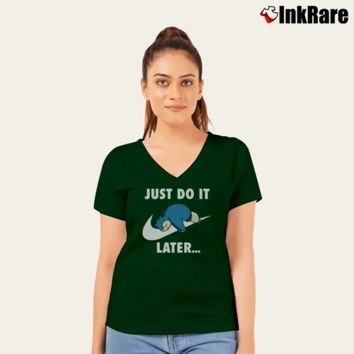 Snorlax Just Do It Pokemon Lazy Graphic Women’s V-Neck Tee in forest green – Flattering Fit Women’s Snorlax Just Do It Pokemon Lazy Graphic V-Neck Tee in forest green | Chic Neckline, Soft Texture