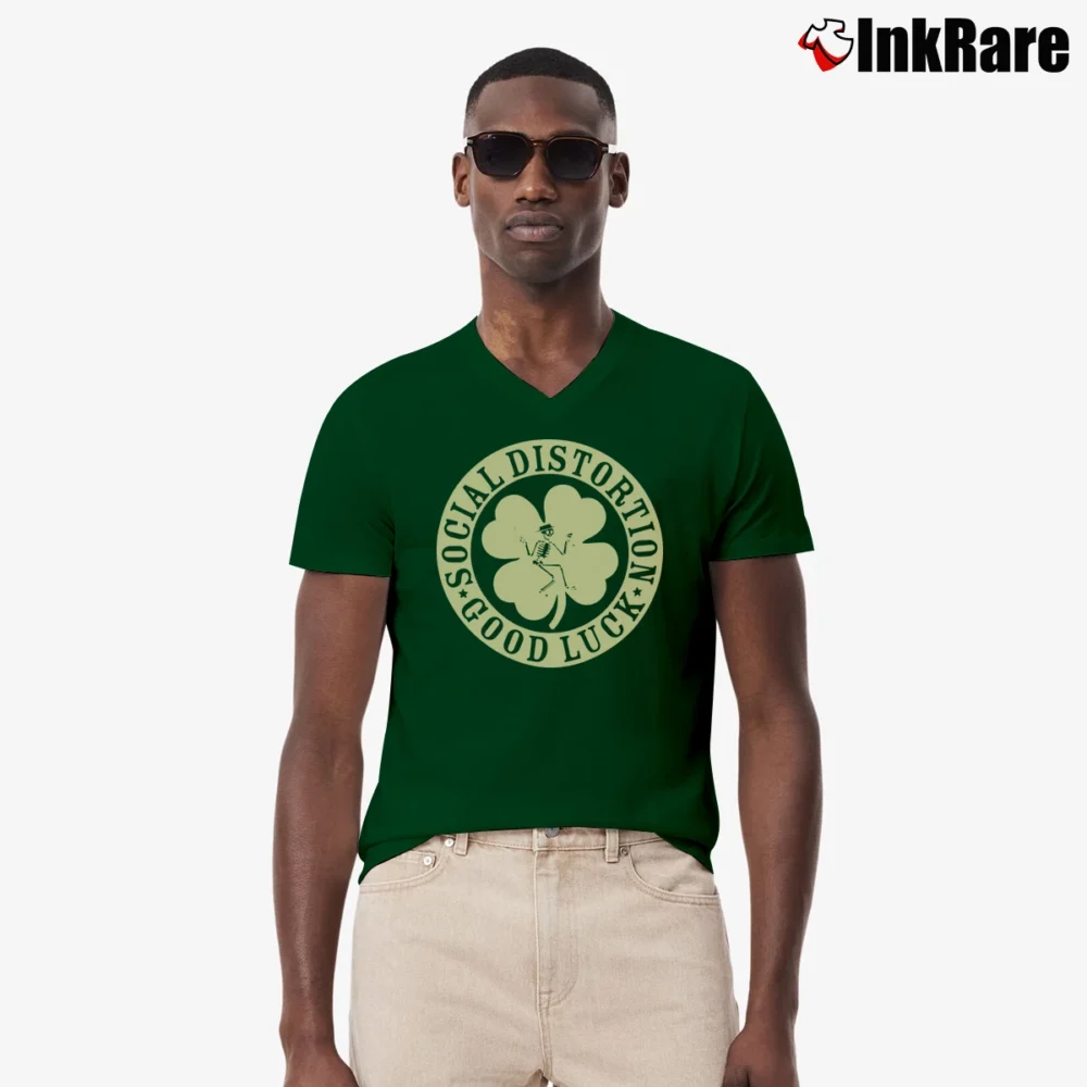 Men’s Social Distortion Irish Clover V-Neck Tee in forest green | Sharp, Breathable, Everyday Staple