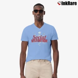 Men’s social distortion skelly skeleton punk rock merch V-Neck Tee in light blue | Sharp, Breathable, Everyday Staple