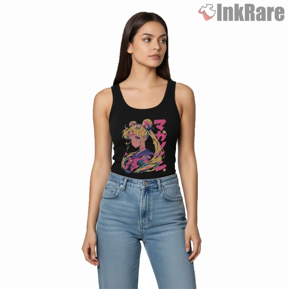 Soft Glow Magical Girl Portrait Shirt on black tank top for women graphic tee