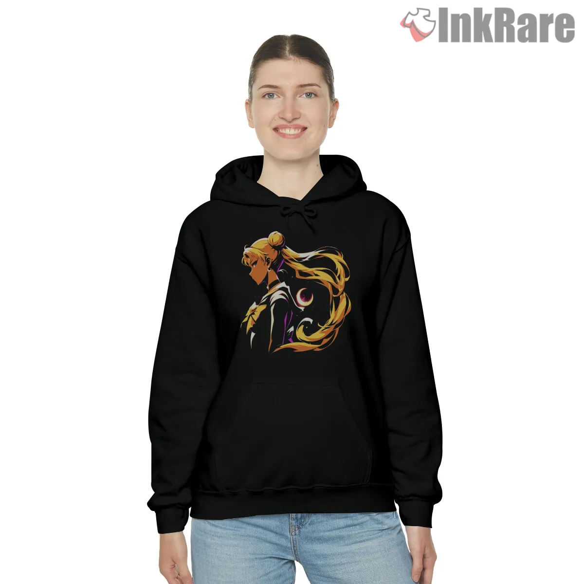 Soft Glow Sailor Moon Portrait Shirt on black hoodie for women graphic tee