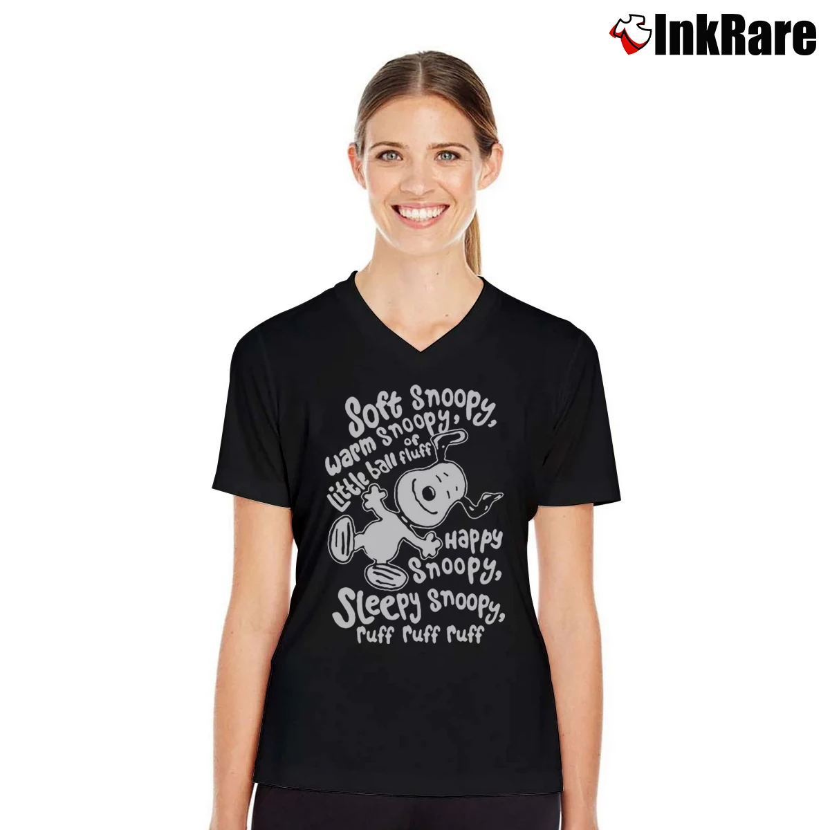 Women’s Soft Snoopy Warm Snoopy Little Ball Of Fluff Happy Snoopy V-Neck Tee in black | Chic Neckline, Soft Texture