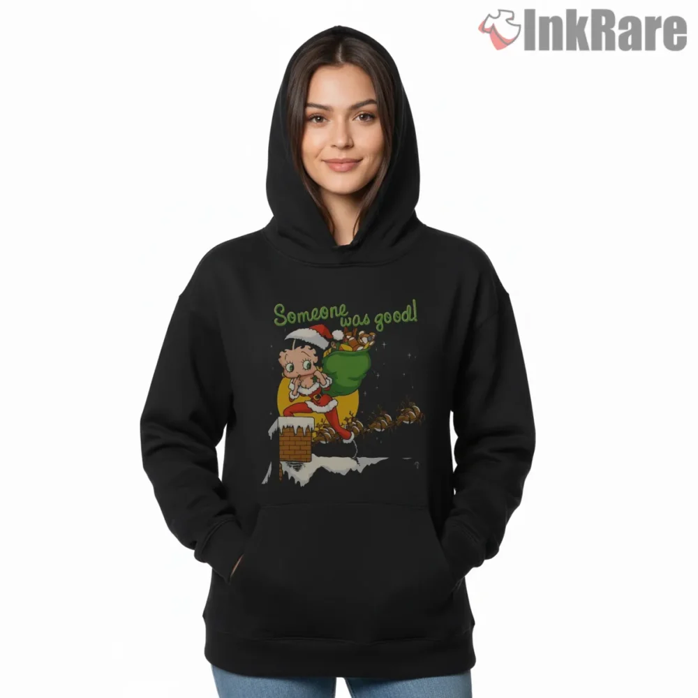 Someone Was Good Betty Boop Christmas Santa Shirt on black hoodie for women graphic tee