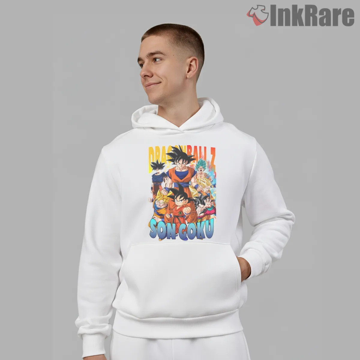 Son Goku Evolution Anime Poster Style Hoodie White Son Goku Evolution Anime Poster Style Shirt on white hoodie for men graphic tee