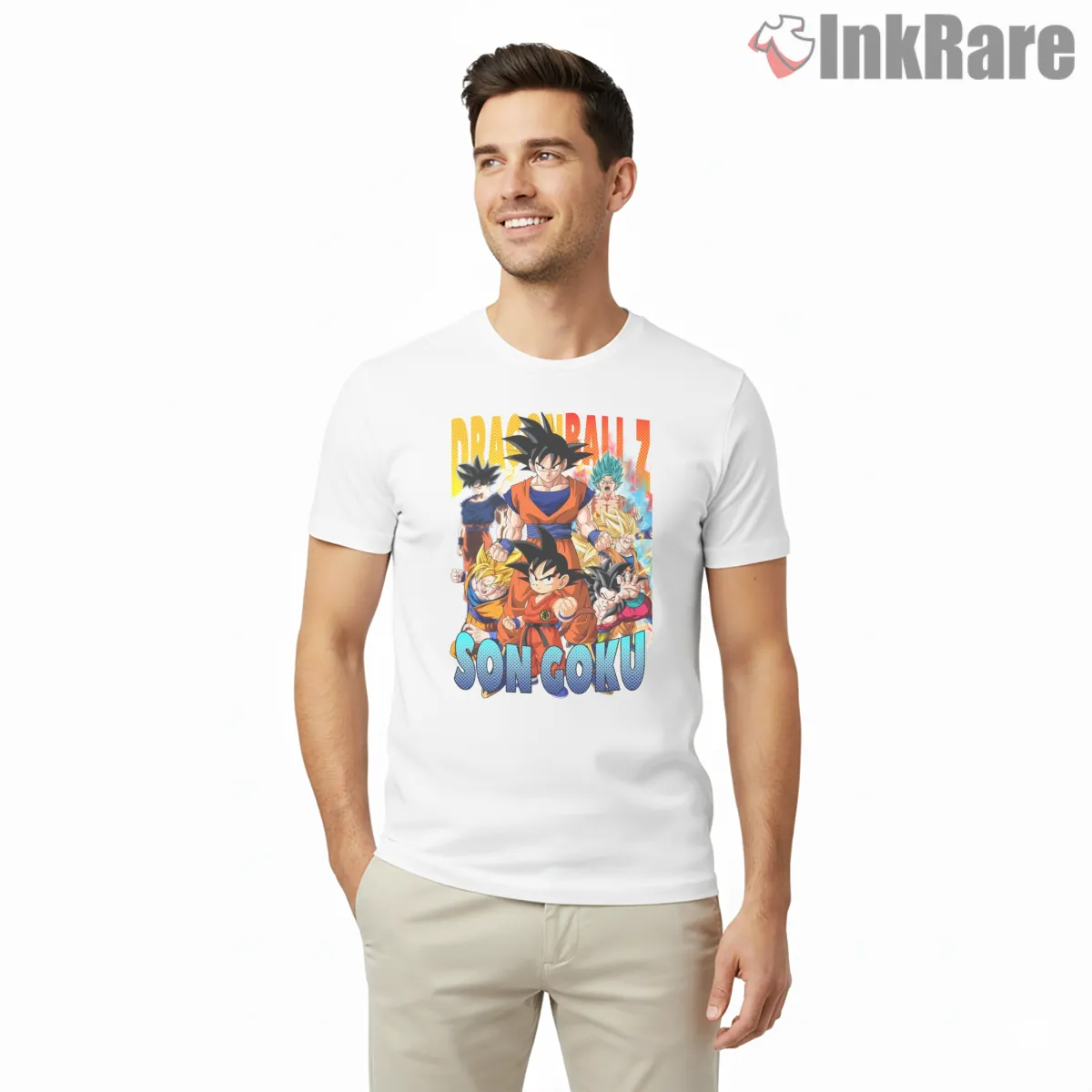 Son Goku Evolution Anime Poster Style Short Sleeve White Son Goku Evolution Anime Poster Style Shirt on white short sleeve shirt for men graphic tee