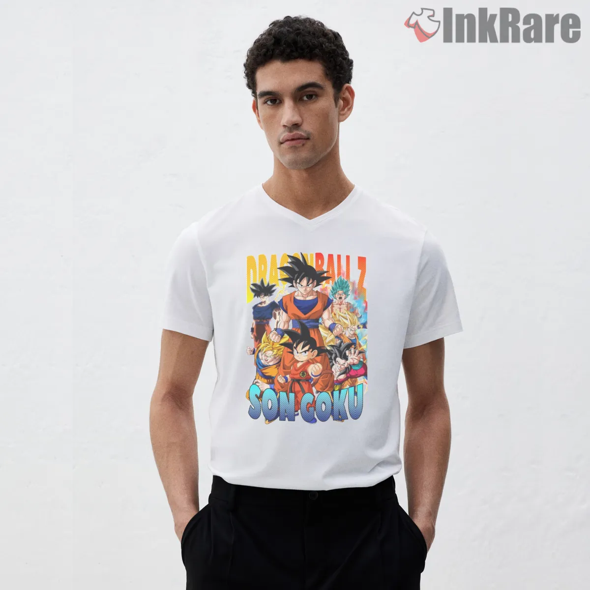 Son Goku Evolution Anime Poster Style V Neck White Son Goku Evolution Anime Poster Style Shirt on white v-neck shirt for men graphic tee