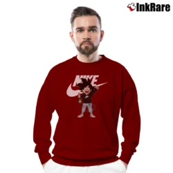 Men’s Songoku Funny Nike Logo Dragon Ball Crewneck Sweatshirt in maroon | Cozy Fabric, Clean Style