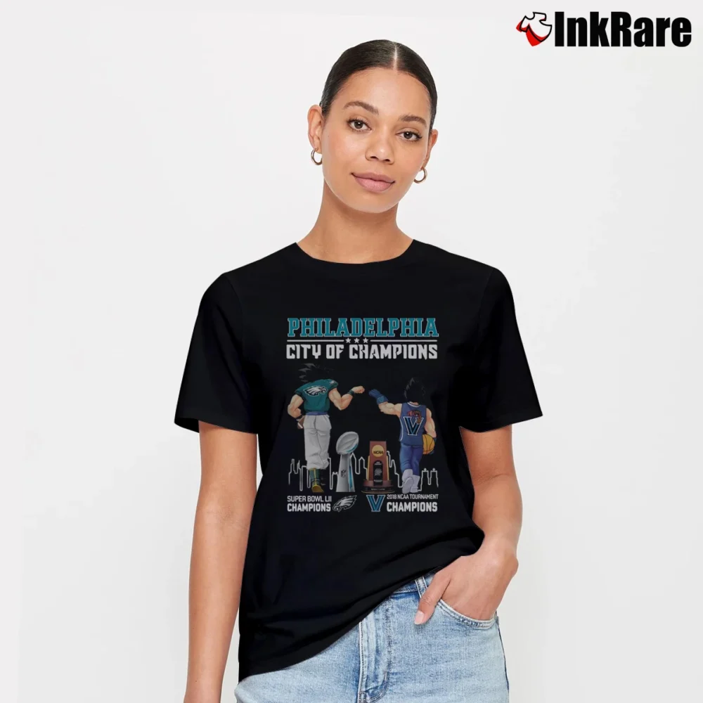 Women’s Songoku Philadelphia Eagles Vs Vegeta Villanova Wildcats City Of Champions Crossover Signature T-Shirt in black | Soft, Flattering Fit
