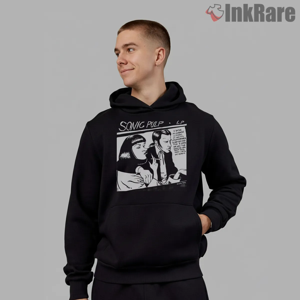 Sonic Pulp Record Listening Booth Shirt on black hoodie for men graphic tee