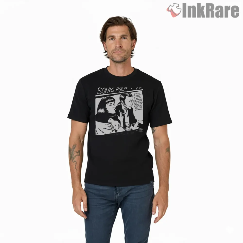 Sonic Pulp Record Listening Booth Shirt on black short sleeve shirt for men graphic tee
