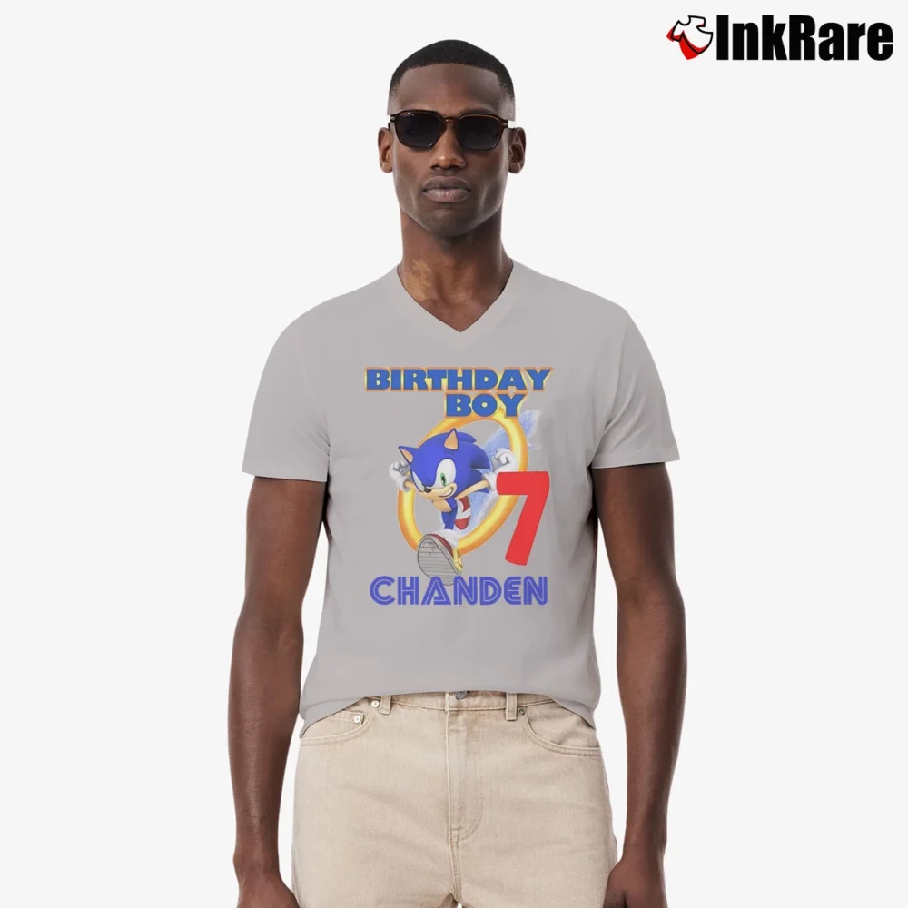 Men’s Sonic The Hedgehog Birthday Party V-Neck Tee in sport grey | Sharp, Breathable, Everyday Staple