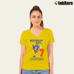Women’s Sonic The Hedgehog Birthday Party V-Neck Tee in yellow | Chic Neckline, Soft Texture