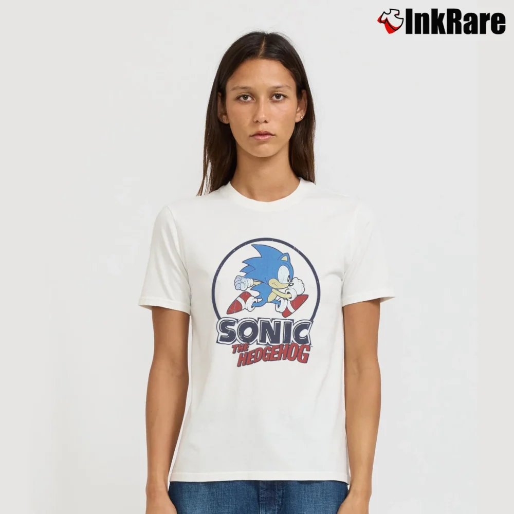 Women’s Sonic The Hedgehog Distressed Running Circle Signature T-Shirt in white | Soft, Flattering Fit