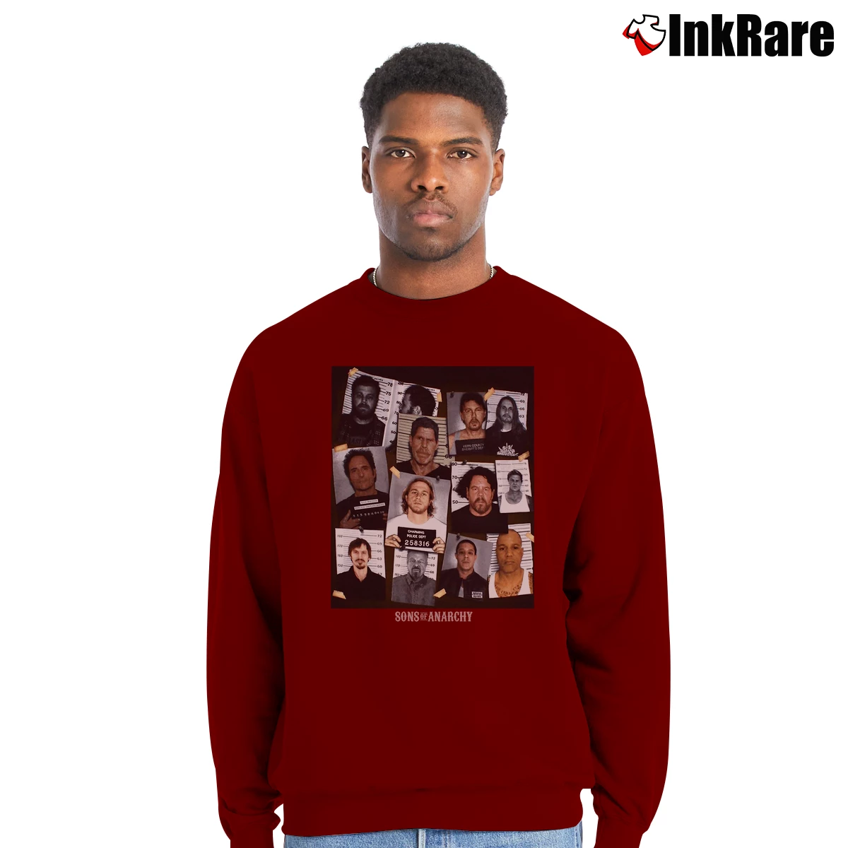 Men’s Sons Of Anarchy Mugshot Reaper Crewneck Sweatshirt in maroon | Cozy Fabric, Clean Style