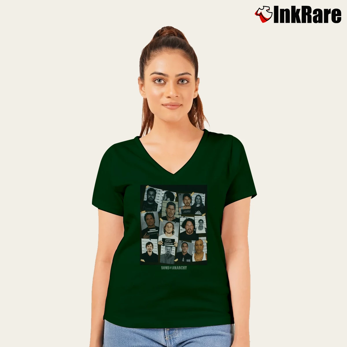 Women’s Sons Of Anarchy Mugshot Reaper V-Neck Tee in forest green | Chic Neckline, Soft Texture