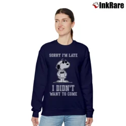 Women’s Sorry I'm Late I Didn't Want To Come Snoopy Relaxed Sweatshirt in navy | Soft, Laid-Back Vibe
