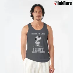 Men’s Sorry I'm Late I Didn't Want To Come Snoopy Tank Top in charcoal | Breathable, Active-Friendly Design