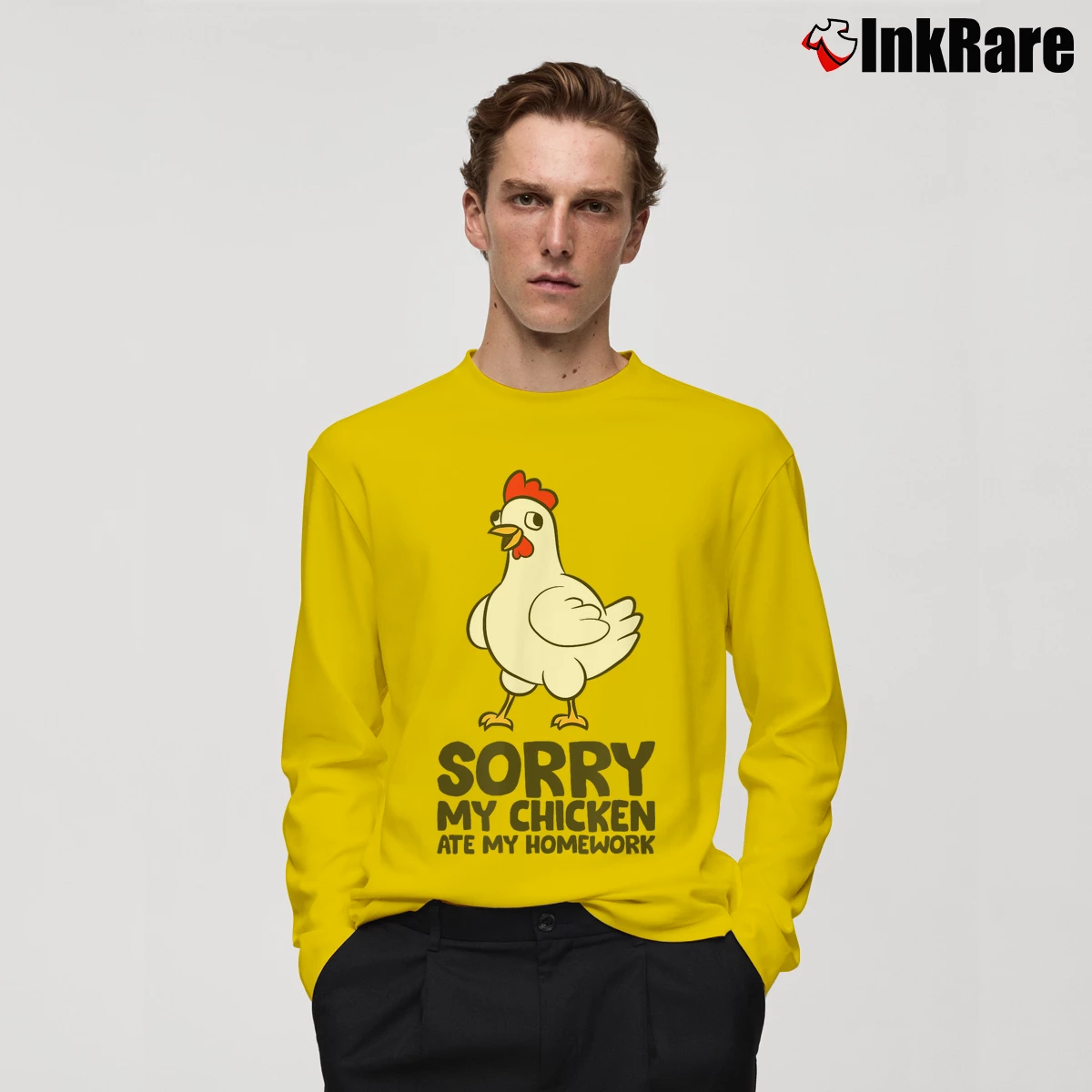 Men’s Sorry My Chicken Ate My Homework Long-Sleeve Shirt in yellow | Sleek, Lightweight, Year-Round Wear