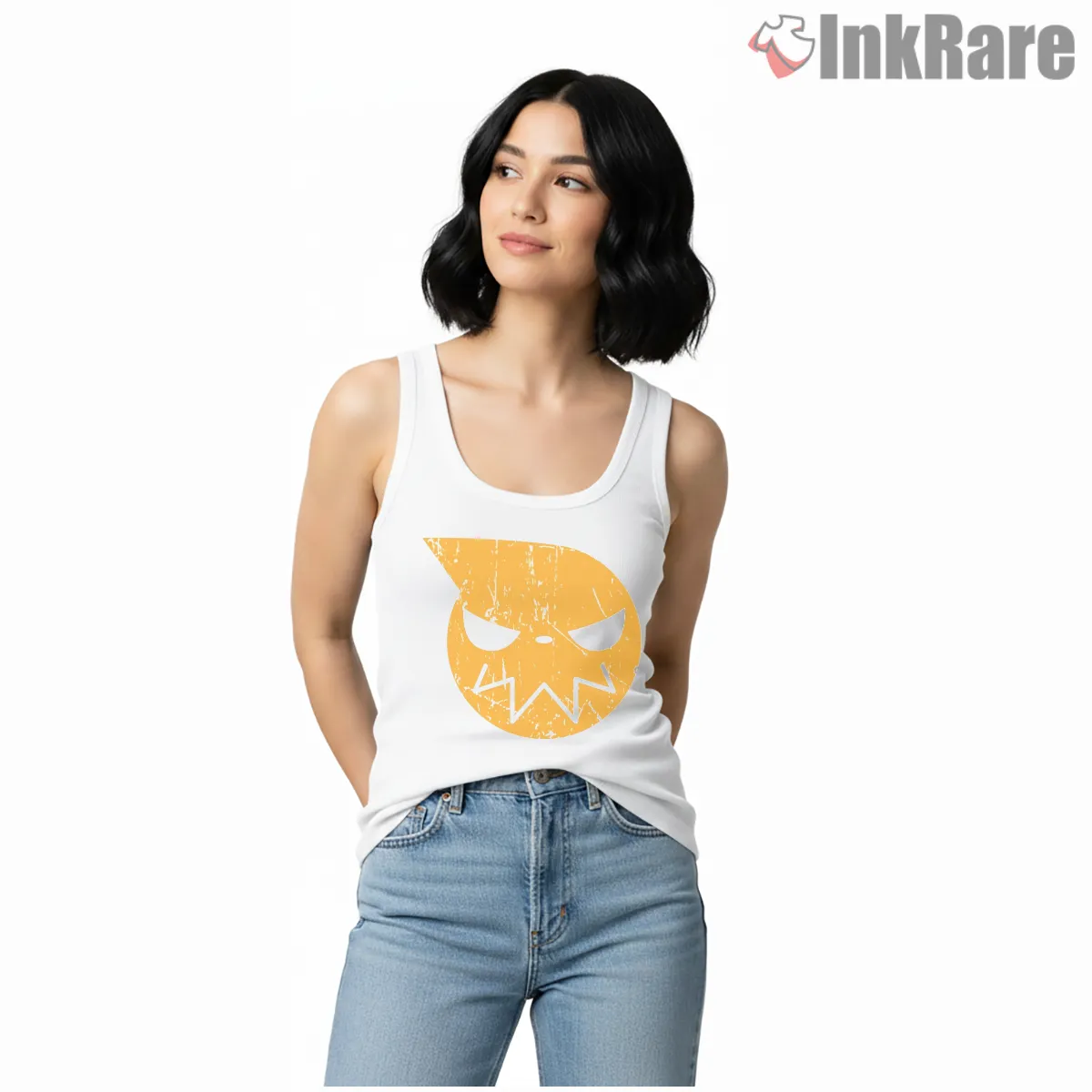 Soul Eater Minimal Orange Skull Icon Shirt on white tank top for women graphic tee