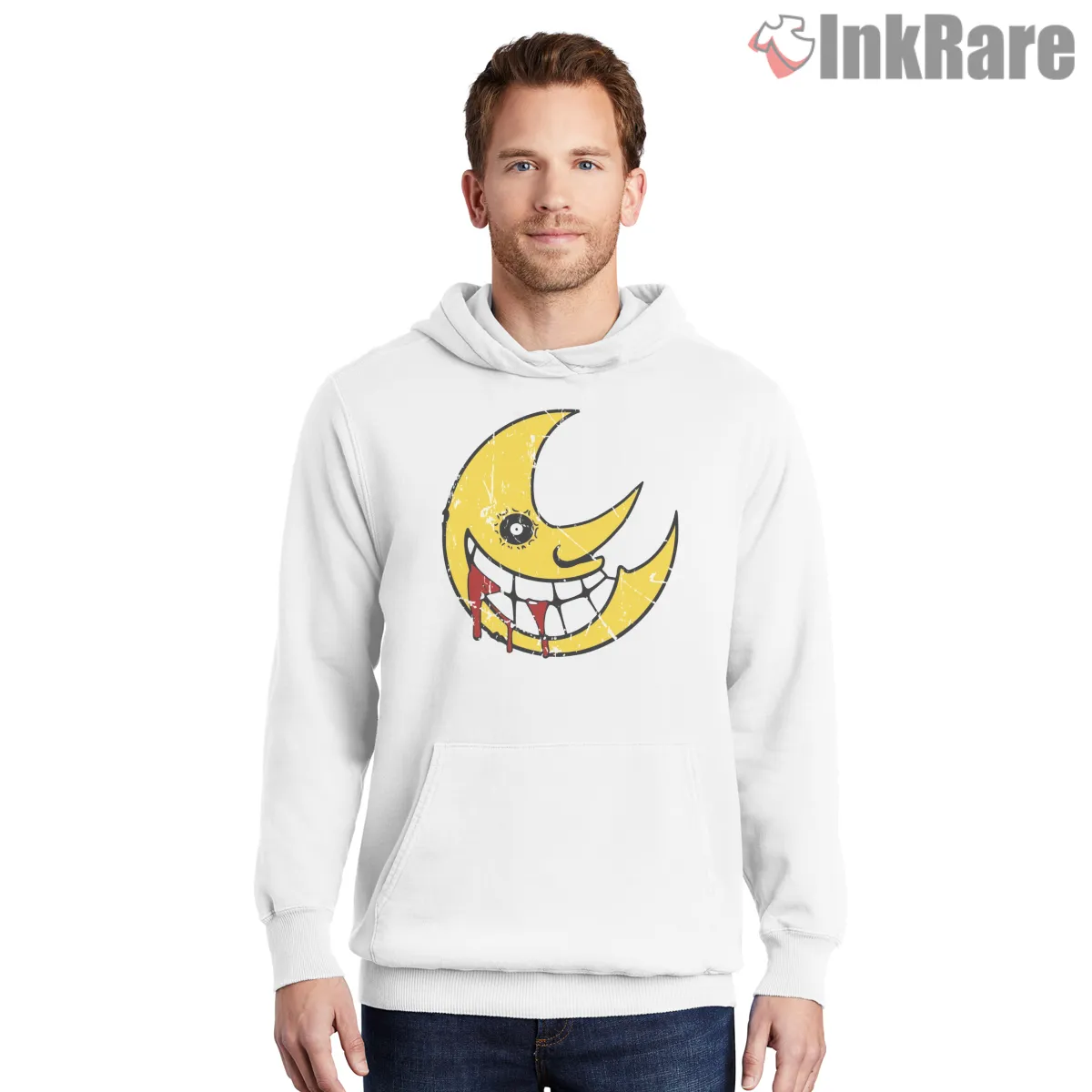 Soul Eater Yellow Smiling Moon Graphic Shirt on white hoodie for men graphic tee