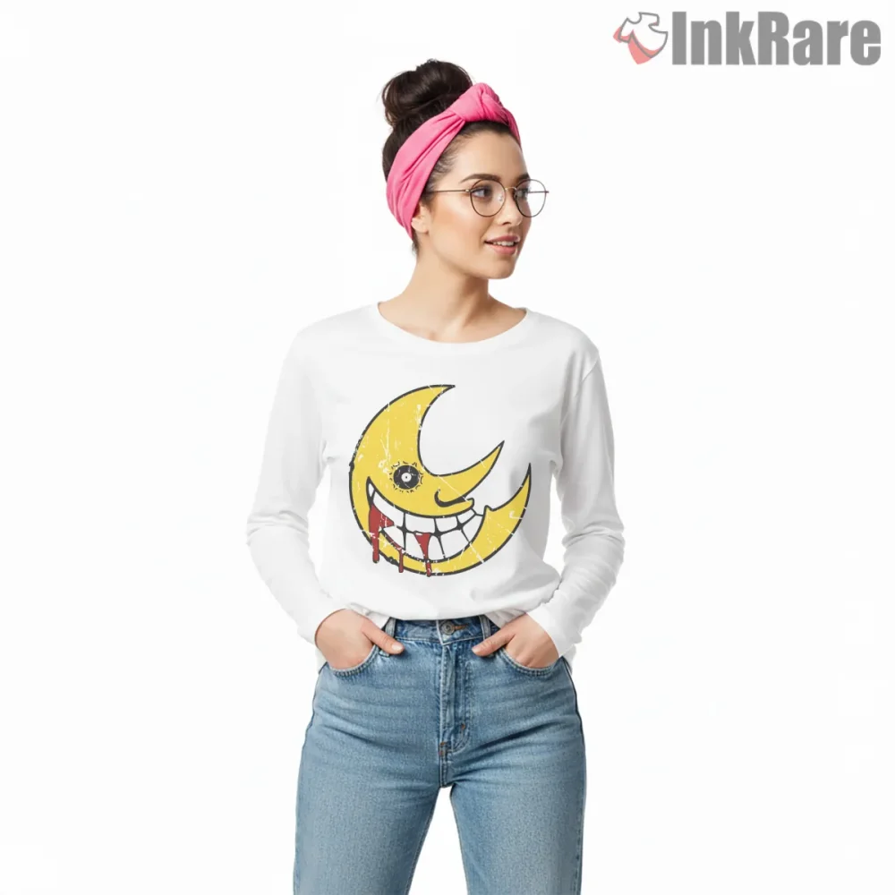 Soul Eater Yellow Smiling Moon Graphic Shirt on white long sleeve shirt for women graphic tee