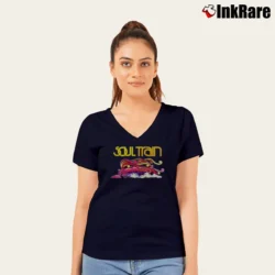 Women’s Soul Train Retro Graphic V-Neck Tee in navy | Chic Neckline, Soft Texture
