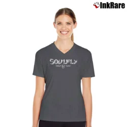 Women’s Soulfly Band Logo V-Neck Tee in charcoal | Chic Neckline, Soft Texture