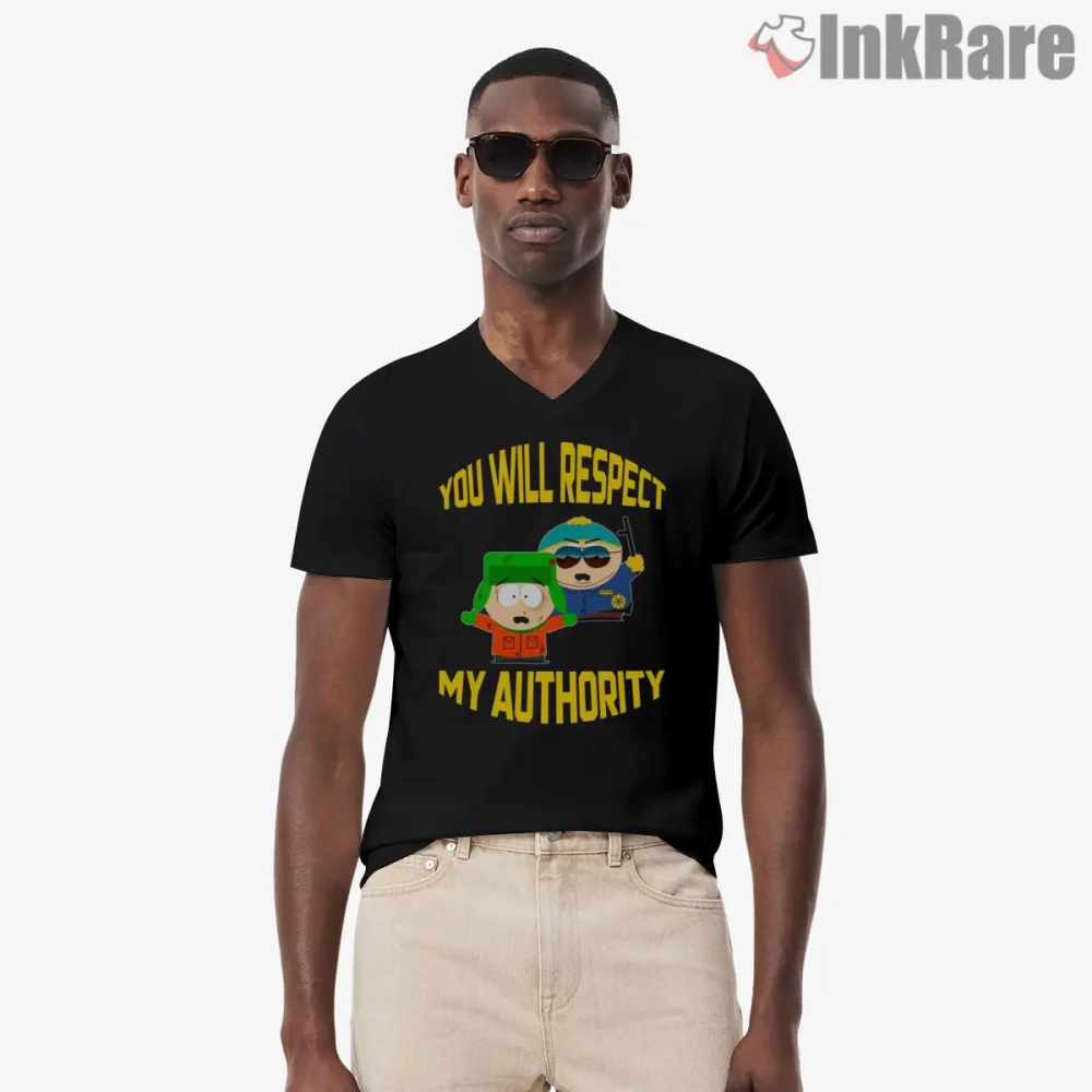 South Park Cartman You Will Respect My Authority Shirt on black v-neck shirt for men graphic tee