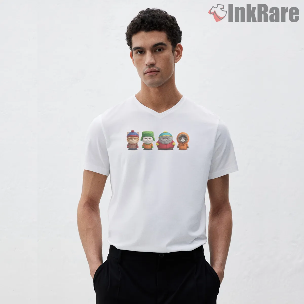 South Park Cats Dressed As Main Characters Shirt on white v-neck shirt for men graphic tee