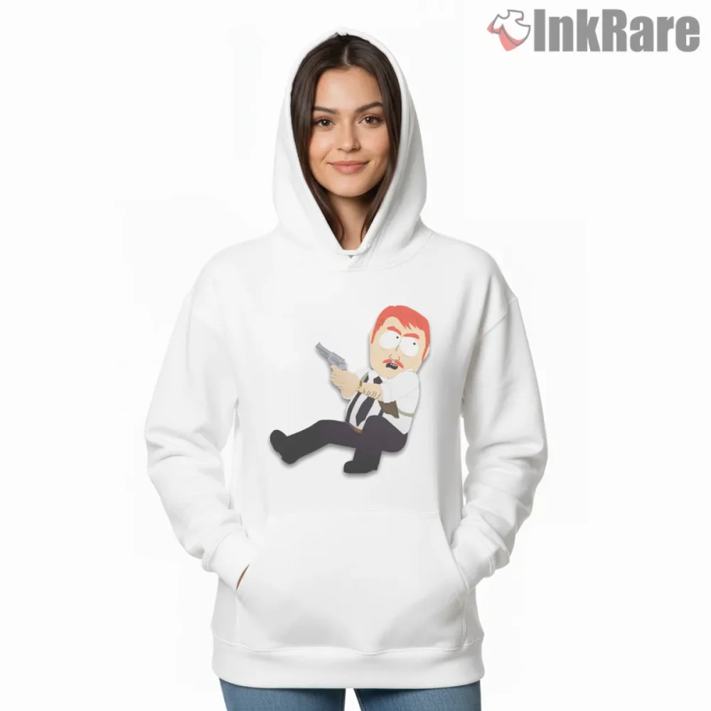 South Park Detective Harrison Yates Action Scene Shirt on white hoodie for women graphic tee