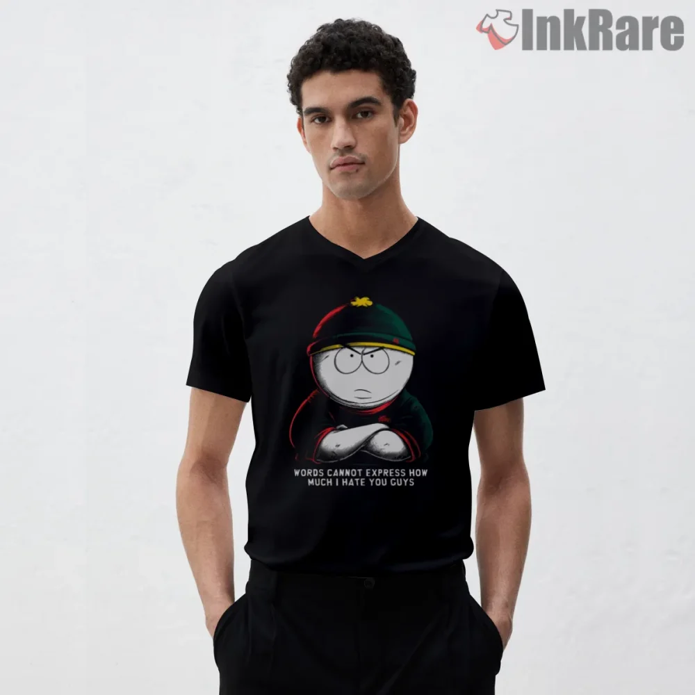 South Park Eric Cartman Angry Hoodie Portrait Shirt on black v-neck shirt for men graphic tee