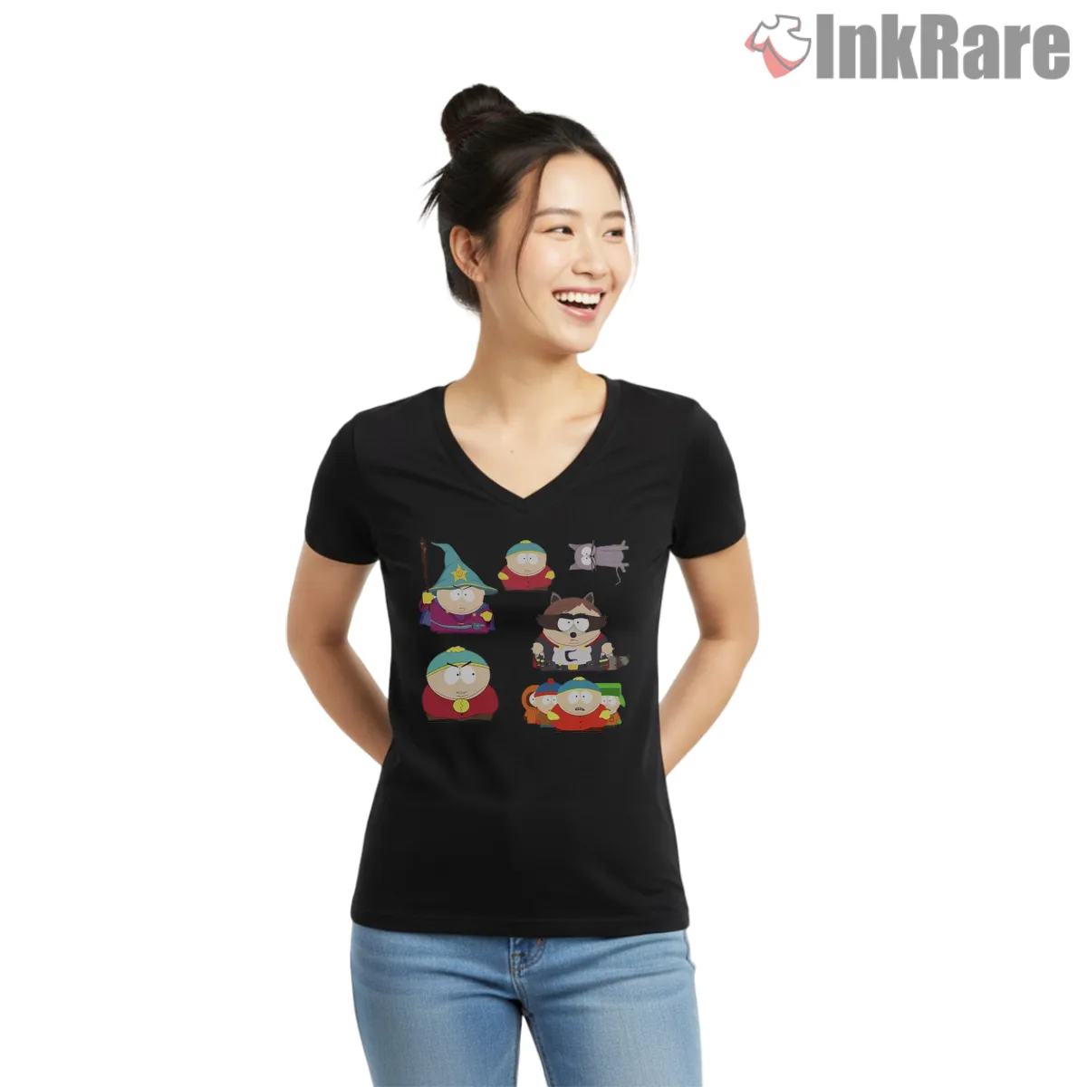 South Park Eric Cartman Multi Expression Sticker V Neck Black South Park Eric Cartman Multi Expression Sticker Shirt on black v-neck shirt for women graphic tee
