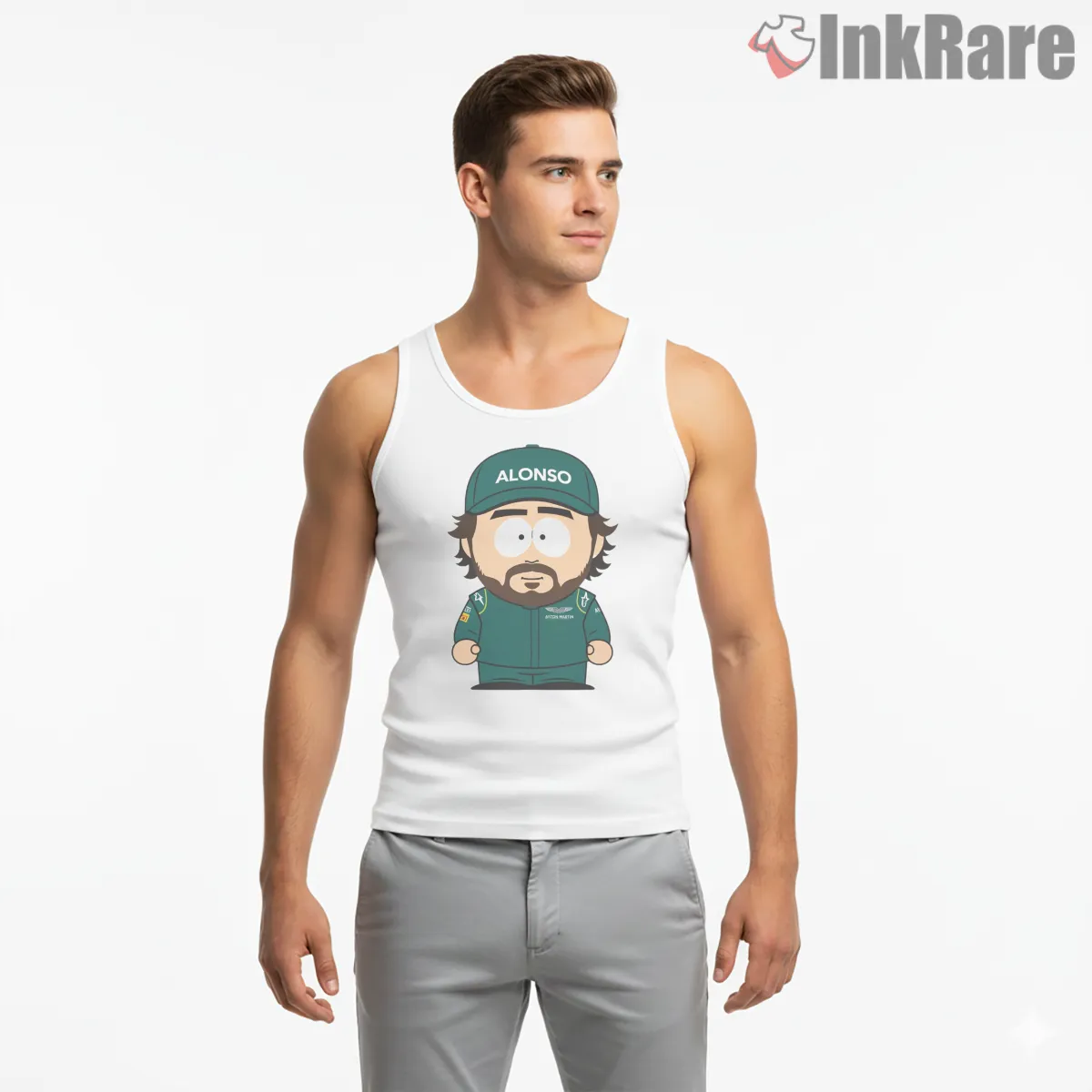 South Park Formula Racing Driver Parody Tank Top White South Park Formula Racing Driver Parody Shirt on white tank top for men graphic tee