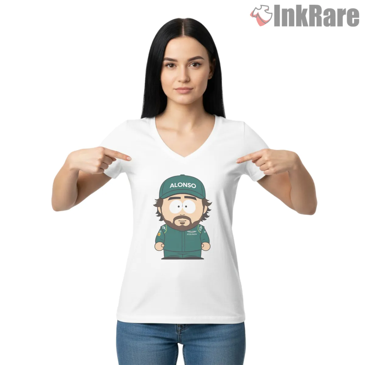 South Park Formula Racing Driver Parody V Neck White South Park Formula Racing Driver Parody Shirt on white v-neck shirt for women graphic tee