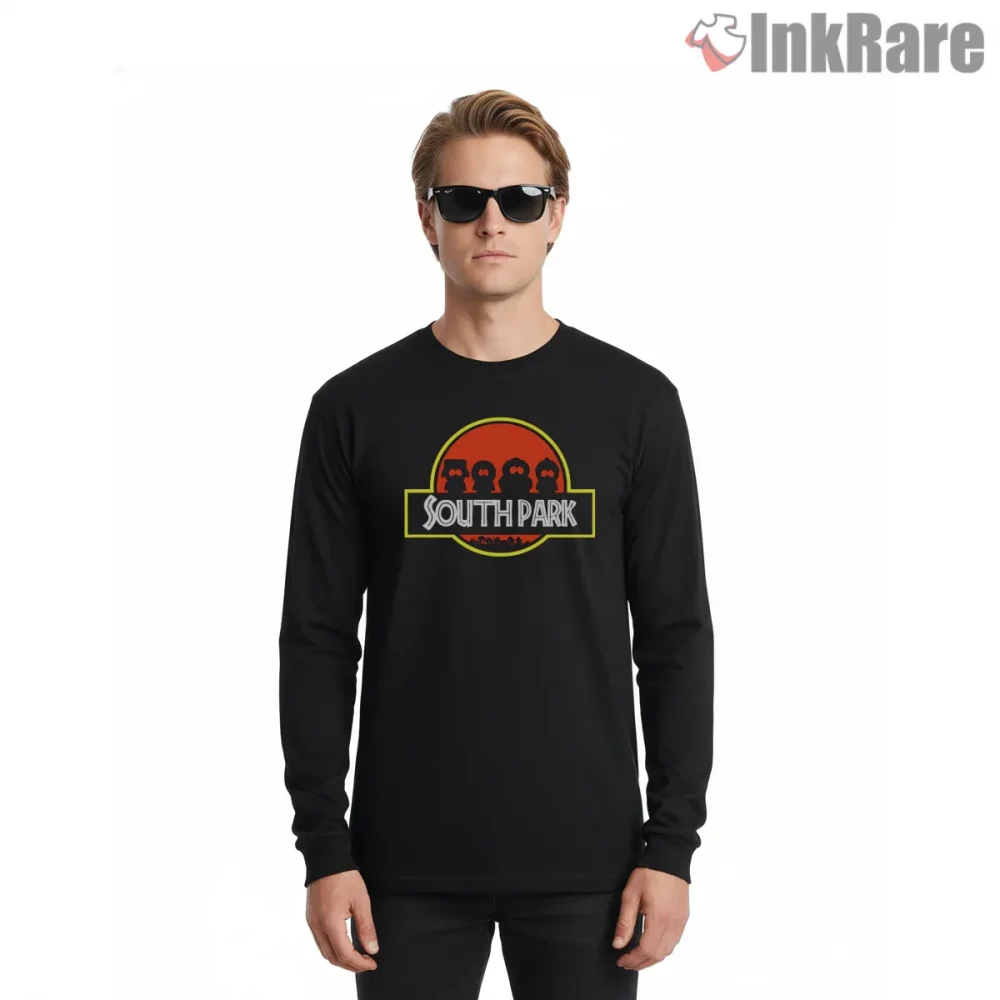 South Park Jurassic Style Logo Parody Shirt on black long sleeve shirt for men graphic tee