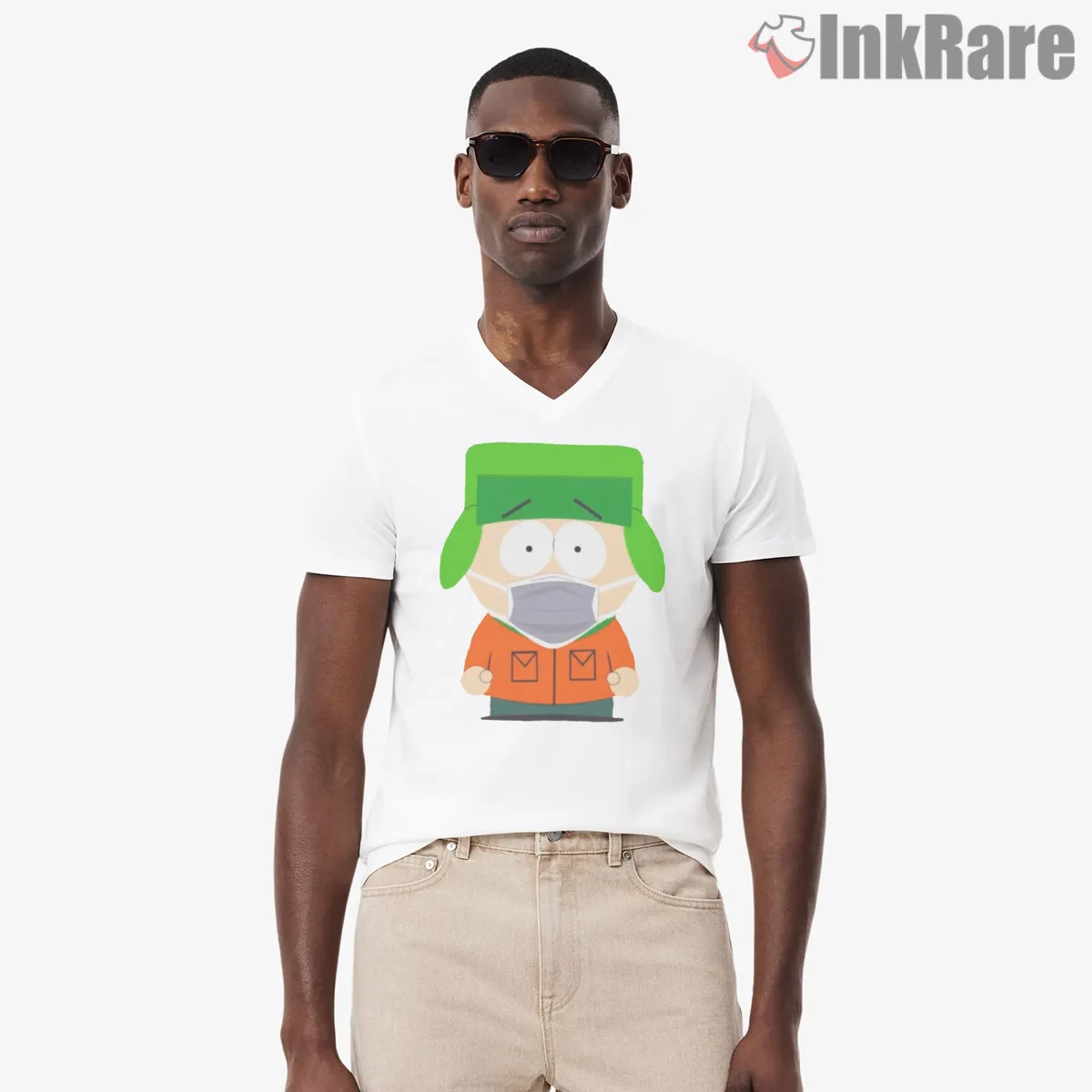 South Park Kyle Broflovski Pandemic Mask V Neck White South Park Kyle Broflovski Pandemic Mask Shirt on white v-neck shirt for men graphic tee