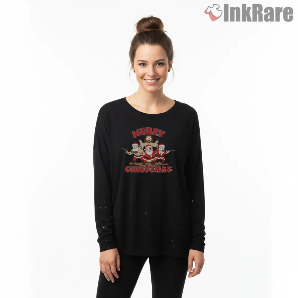 South Park Merry Christmas Jesus And Santa Chaos Shirt on black long sleeve shirt for women graphic tee