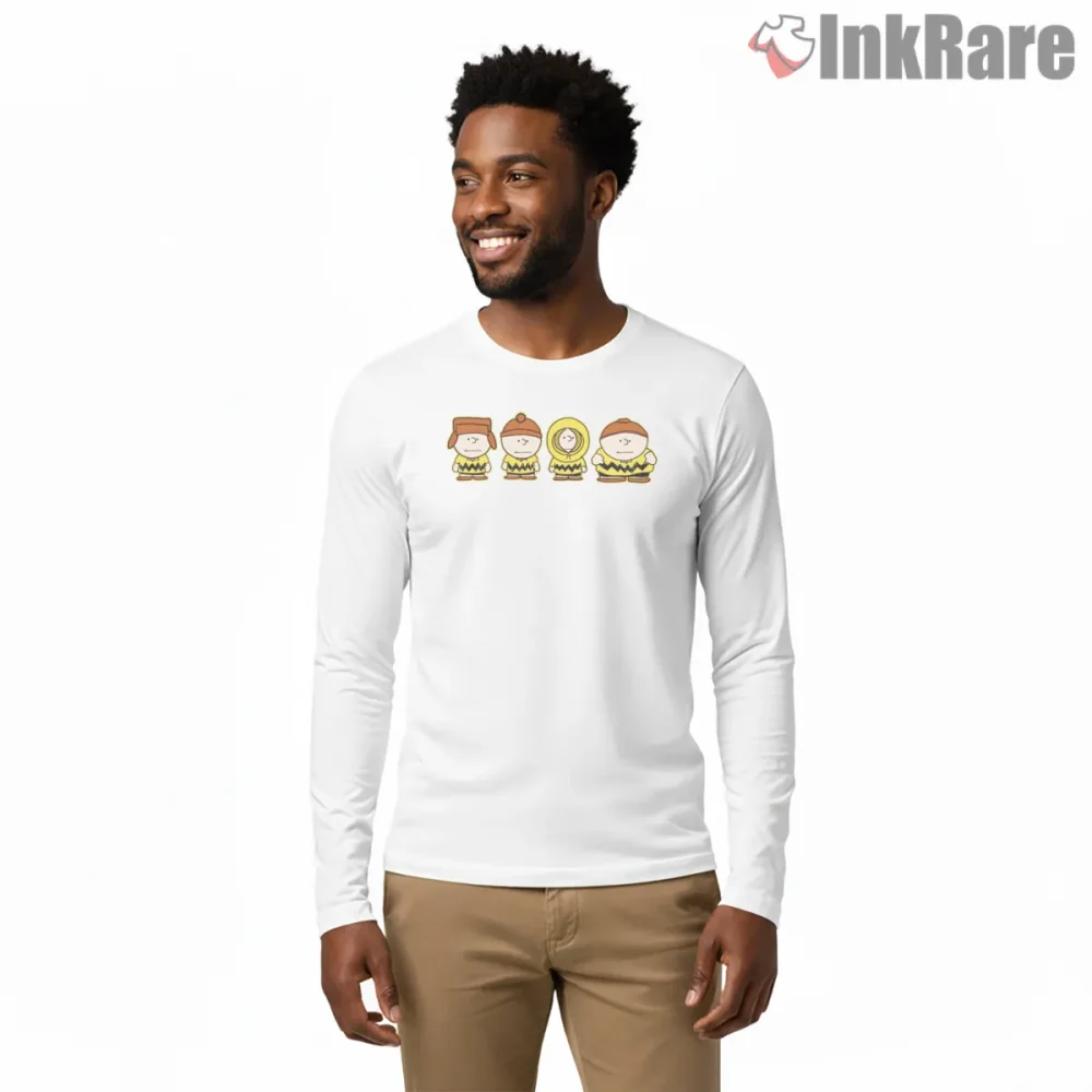 South Park Peanuts Parody Character Mashup Shirt on white long sleeve shirt for men graphic tee