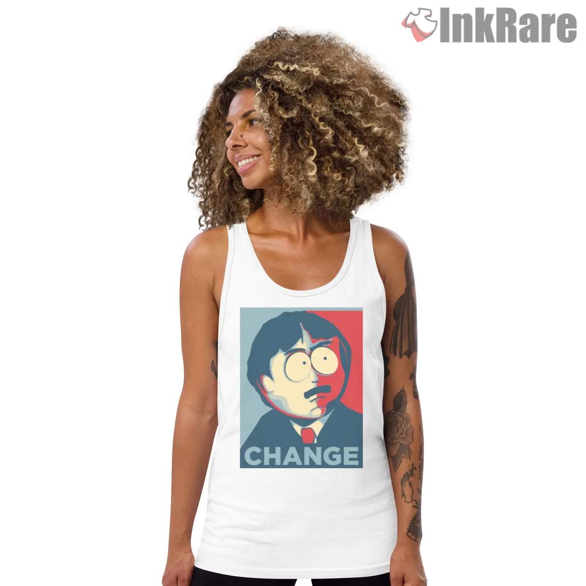 South Park Randy Marsh Change Poster Parody Tank Top White South Park Randy Marsh Change Poster Parody Shirt on white tank top for women graphic tee