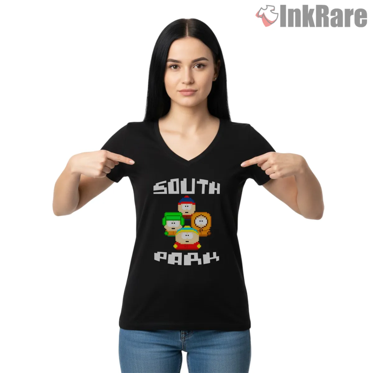 South Park Retro Pixel Characters Gaming Shirt on black v-neck shirt for women graphic tee