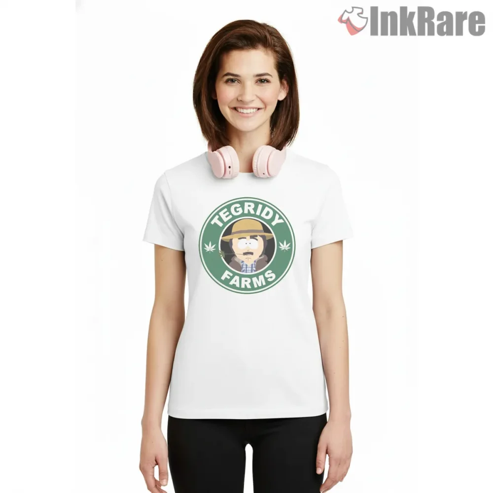 South Park Tegridy Farms Randy Marsh Logo Shirt on white short sleeve shirt for women graphic tee