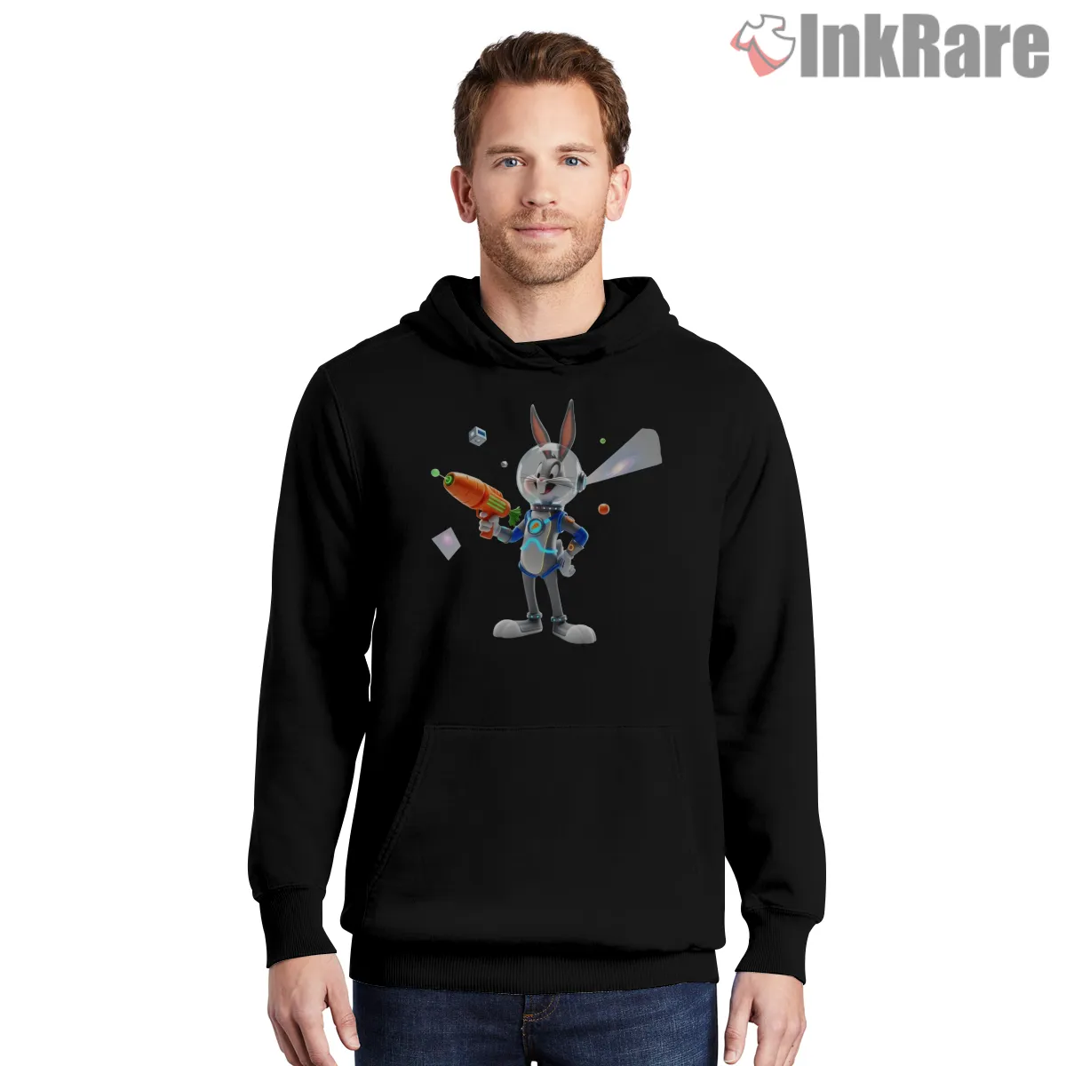 Space Explorer Bugs Bunny Future Tech Shirt on black hoodie for men graphic tee
