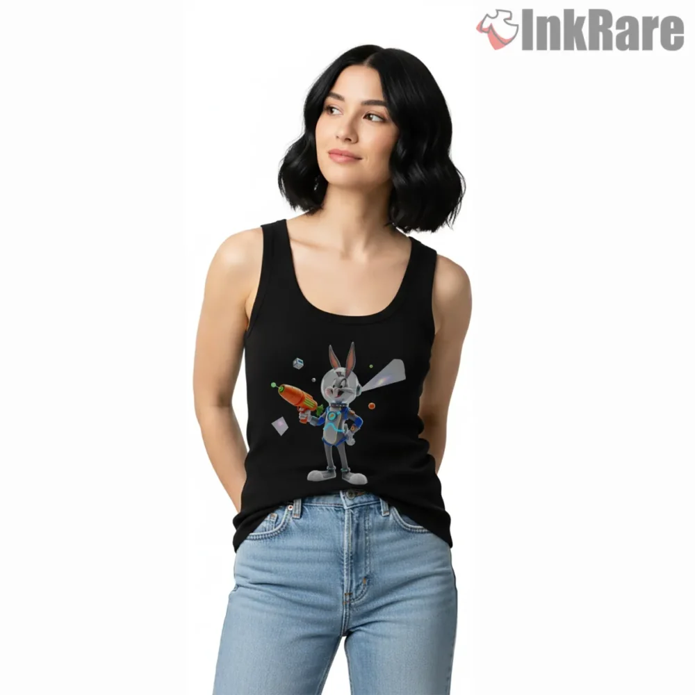 Space Explorer Bugs Bunny Future Tech Shirt on black tank top for women graphic tee